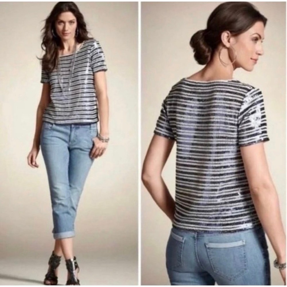 Chicos Starlet Sequin Striped Pullover Top Navy White Short Sleeve sz 2 L Large
